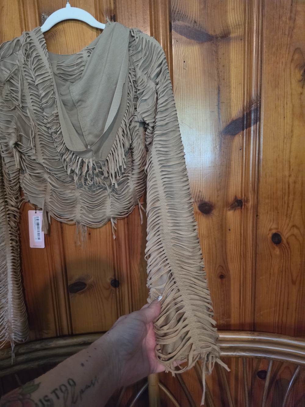 Women's Beige Hooded Fringe Knit Hoodie - Picture 11 of 16
